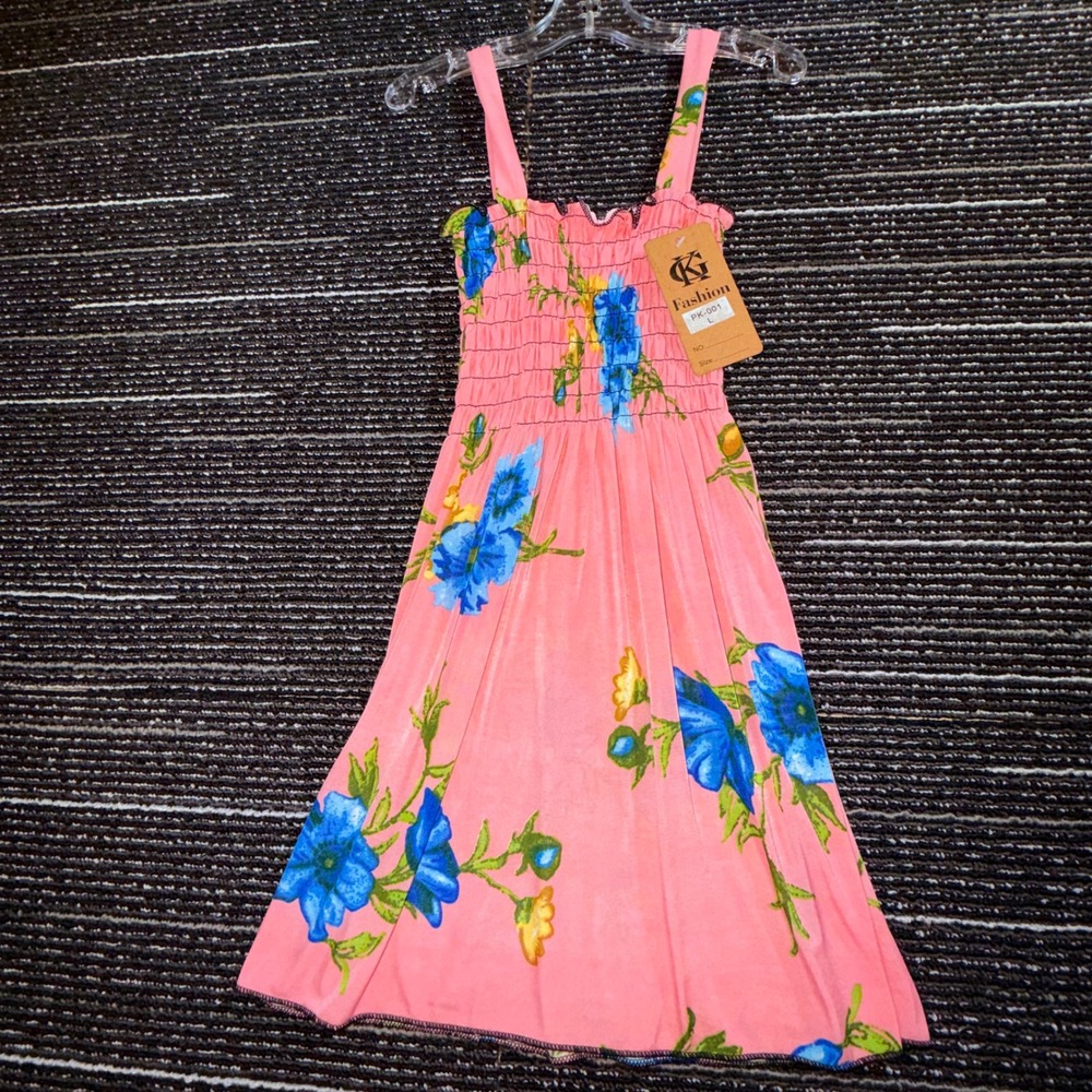 KG Fashion Floral Sundress Kids L NWT Pink Blue Smocked Tropical Boho